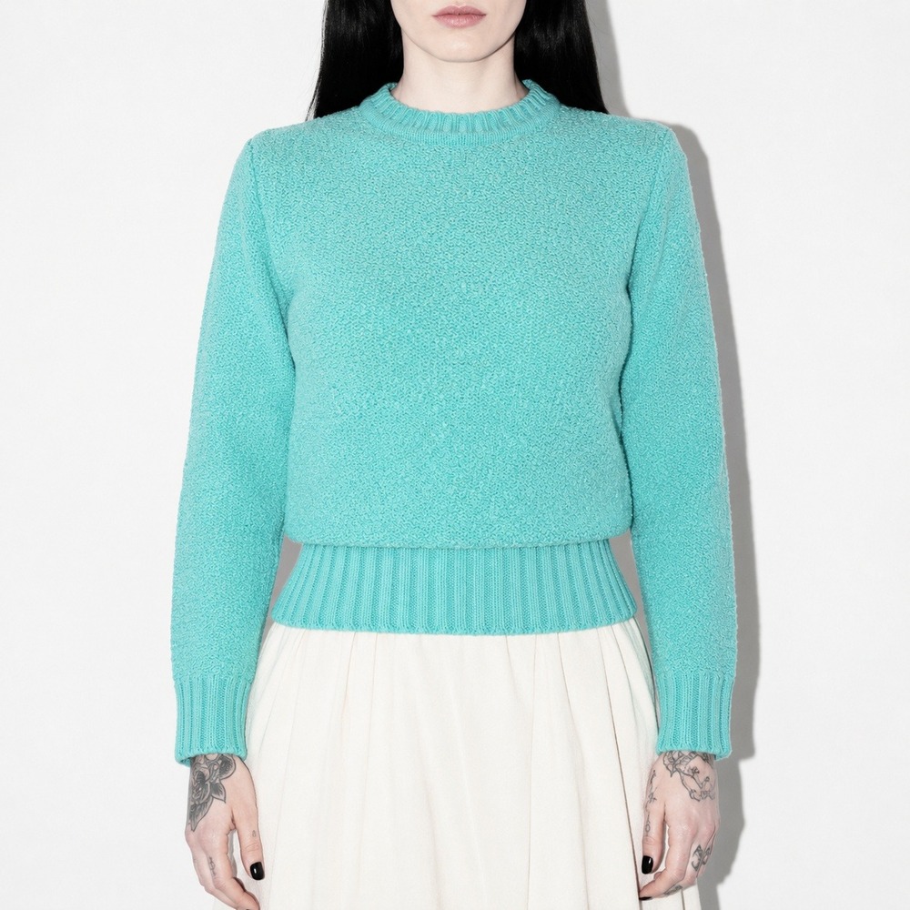 70s Vintage Textured Boucle Knit Sweater Women S Turquoise Ribbed Cropped Top